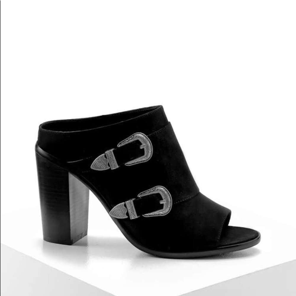 NWT Faux Suede Buckle Mules